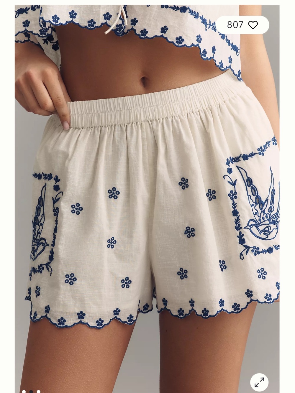 Anthropologie maeveEmbroidered Ivory Women's Shorts with Navy dainty Bird Accent - Picture 9 of 11